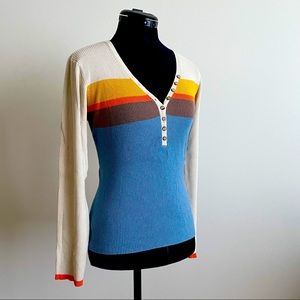 VICI Blue and Cream Long Sleeve Rib Knit Striped Henley